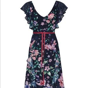 Marchesa Notte Blue Floral Mid Length Dress (Size 14)